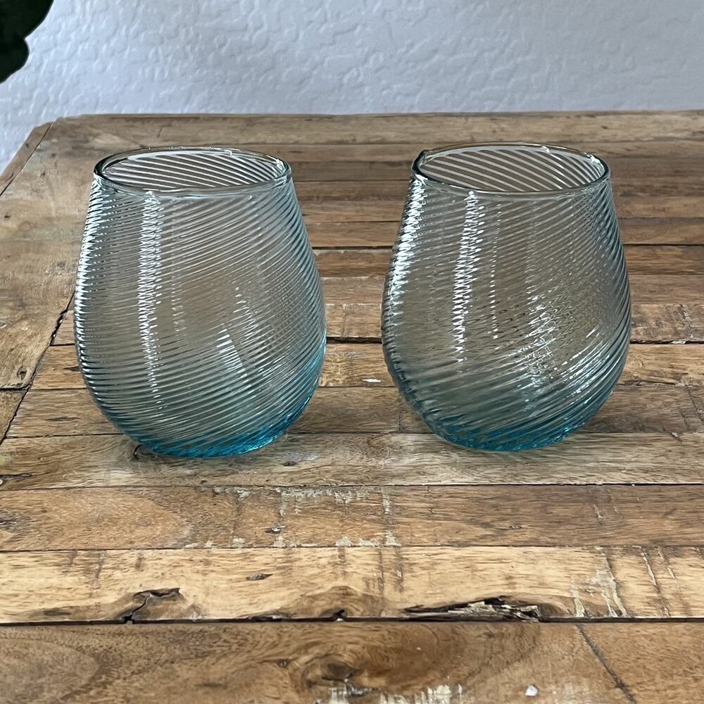 Aqua Blue Hand Blown Stemless Wine Glasses Spiral Design Set of 2